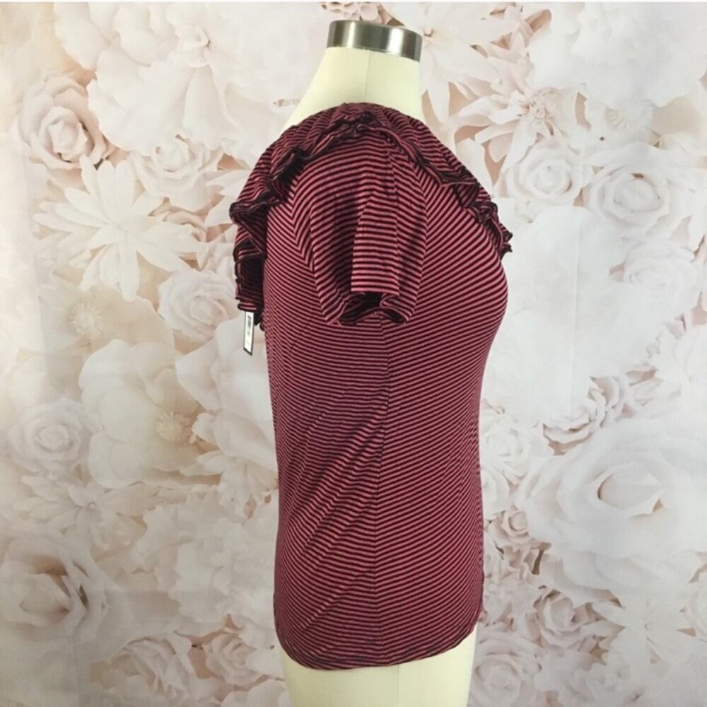 Romeo & Juliet Couture One-Shoulder Ruffled Stripe Top in Burgundy and Black - Picture 5 of 7